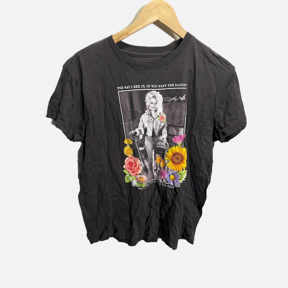 Dolly Parton Graphic T-Shirt‎ Charcoal Gray Rainbow Quote Floral Women Medium